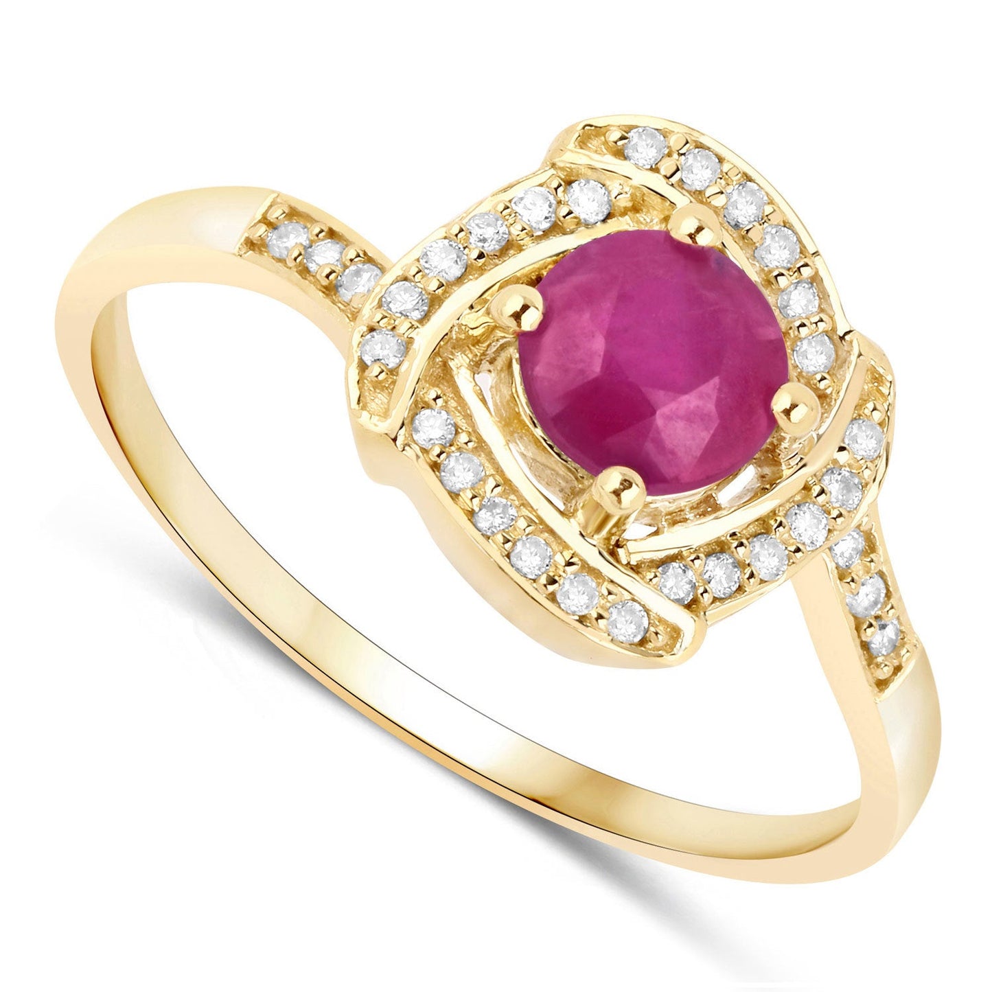 Anillo de oro amarillo de 14K con rubí genuino de 0,63 quilates y diamantes blancos
