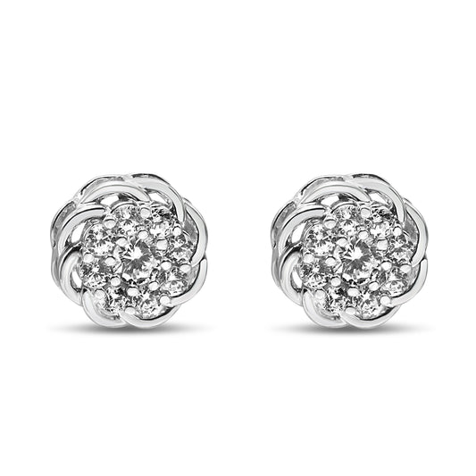 Pendientes de Plata de Ley .925 con Racimo de Diamantes Redondos de 1/2 Quilate con Halo Floral Calado (Claridad I1-I2, Color I-J)
