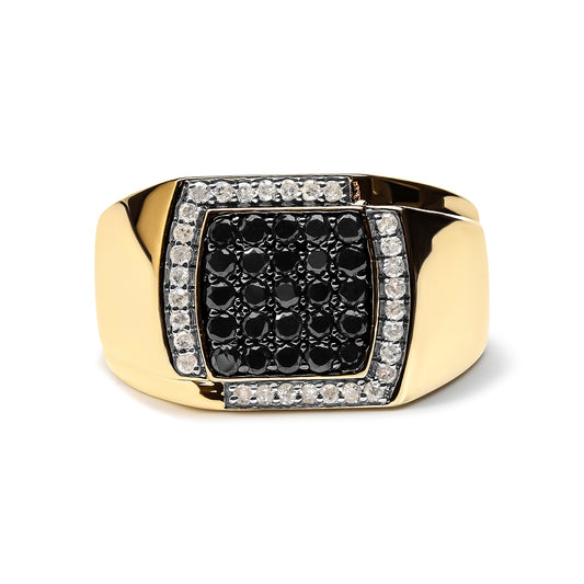 Anillo llamativo de oro amarillo de 10K para hombre con racimo de cojín de 1.00 Cttw de diamante blanco y negro (Color I-J, Claridad I2-I3) - Talla de anillo 10.5
