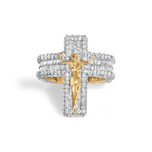 Men's 10K Yellow Gold 5-2/5 Cttw Diamond Jesus Crucifix Cross Cocktail Ring