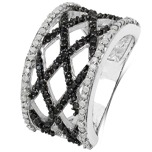 Anillo de plata de ley .925 con diamante negro genuino de 0.92 quilates y diamante blanco