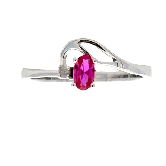 Anillo de oro blanco de 10 kt con diamante y rubí sintético de 0,02 ct