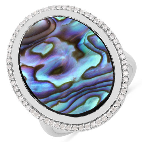 Anillo de plata de ley .925 con auténtica abulón de 13,64 quilates y diamantes blancos
