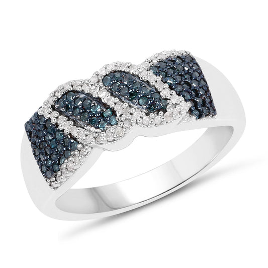 Anillo de plata de ley .925 con diamantes azules y blancos auténticos de 0.67 quilates