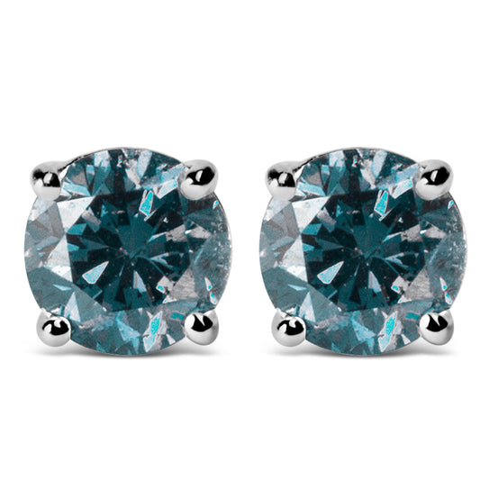 Pendientes de tuerca solitarios clásicos de oro blanco de 14 quilates con diamantes azules cultivados en laboratorio de talla brillante redonda de 1/2 quilate (Color azul, Claridad VVS2-VS1)