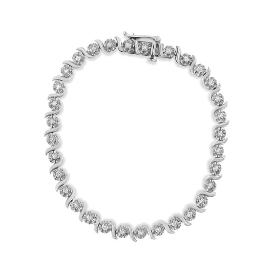 Pulsera de tenis de plata de ley .925 con diamantes de 1.0 qt engastados en espiral, de eslabones curvos de 7" (color I-J, claridad I3)