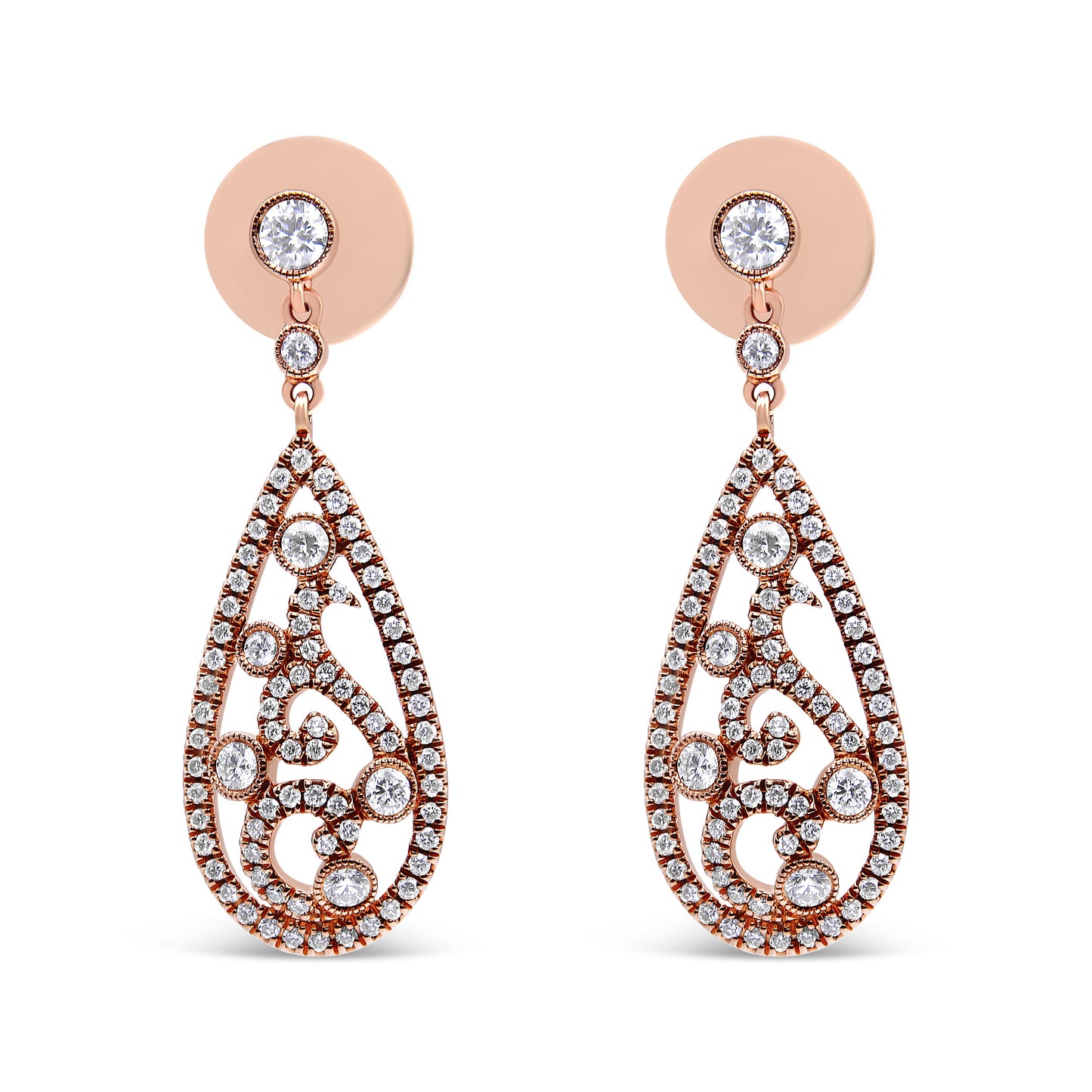 Pendientes de botón colgantes con forma de lágrima y rosca de oro rosa de 18K con diamantes de 1 1/4 Cttw (color F-G, claridad VS1-VS2)