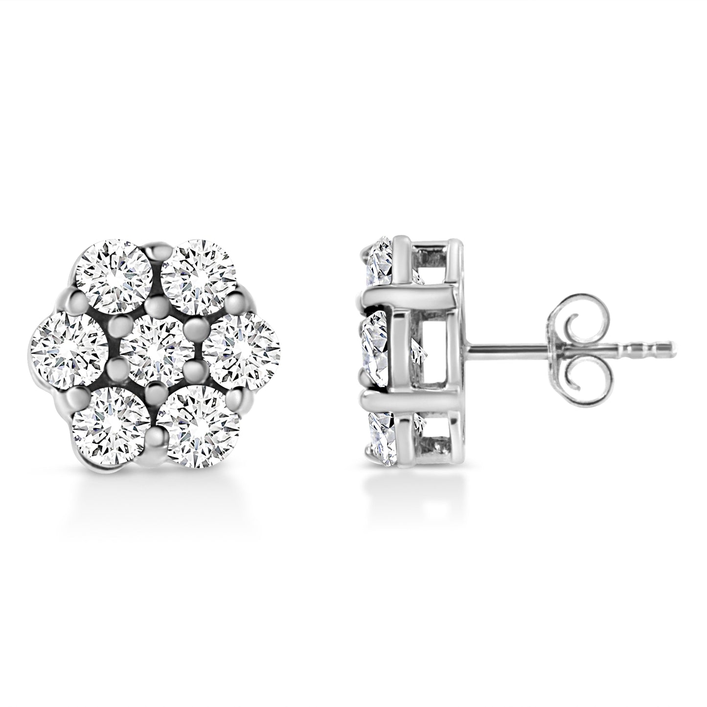 Pendientes de botón de oro blanco de 14 quilates con flores de diamantes de talla redonda engastados con garras de 1/2 quilate (color H-I, claridad I1-I2)