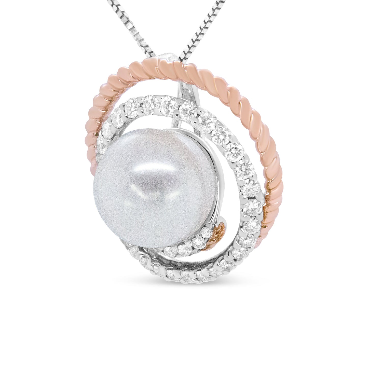 Collar con colgante en oro rosa y blanco de 14K con diamantes pavé de 3/8 Cttw y perla redonda de 9mm con espiral calada de 18" - (Color H-I, Claridad VS1-VS2)