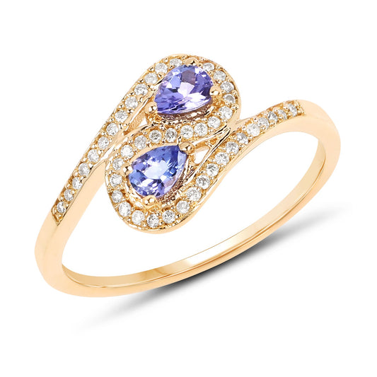 Anillo de oro amarillo de 14 quilates con tanzanita auténtica de 0,42 quilates y diamantes blancos