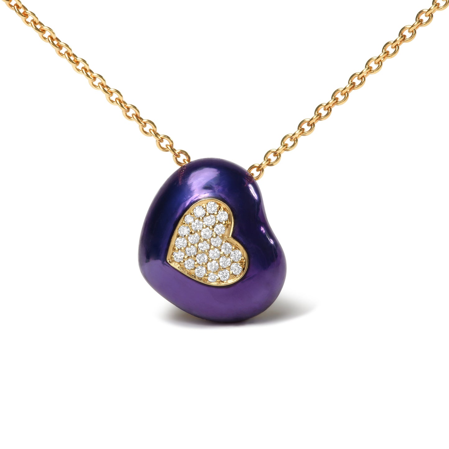 Collar con colgante de corazón de oro amarillo de 18 quilates con esmalte azul y diamantes redondos pavé de 1/10 Cttw (color G-H, claridad SI1-SI2) - Ajustable de 16" a 18"
