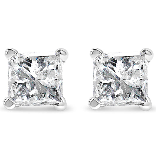 Pendientes de tuerca de oro blanco de 14k con certificación AGS, 1,0 Cttw, con diamante solitario talla princesa de 4 puntas y cierre a presión para mujer (color E-F, claridad I1-I2)