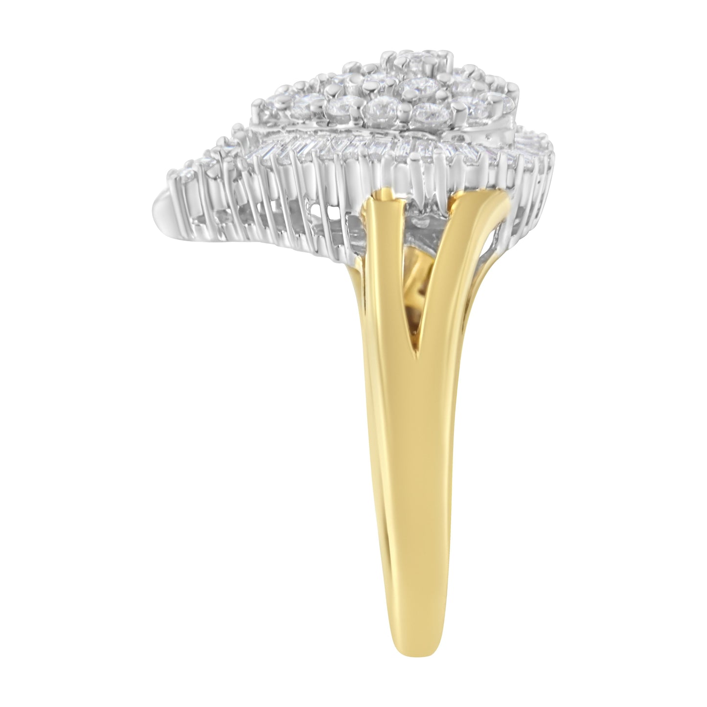 Anillo de cóctel estilo bailarina de oro blanco y amarillo de 14 quilates con diamantes redondos y talla baguette de 1,00 quilates en total (color H-I, claridad SI2-I1)