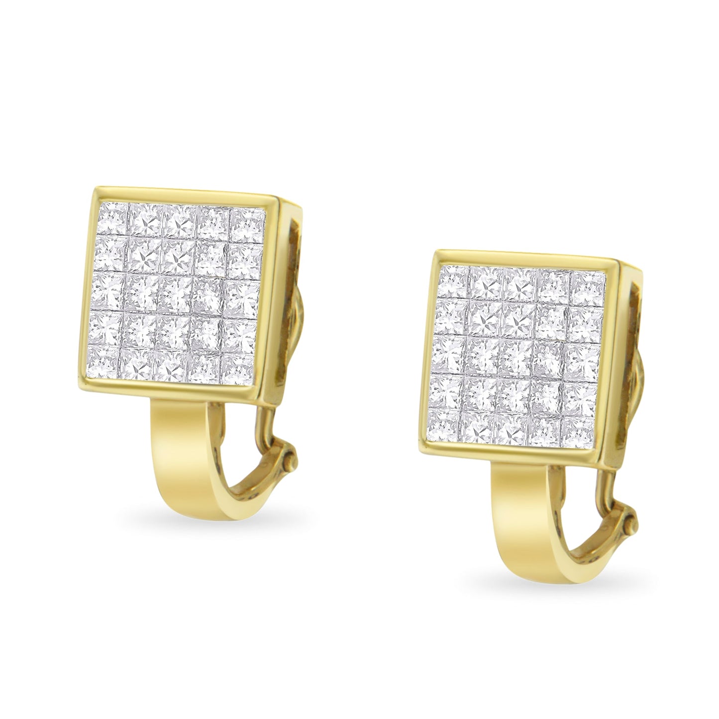 Pendientes de botón con cierre omega y diseño tipo argolla "huggy" en oro amarillo de 14K con diamantes de talla princesa de 3-1/5 Cttw en montura invisible de cuadrícula de ¾ cuadrados (Color G-H, Claridad VS1-VS2)