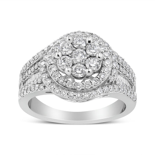 Anillo de oro blanco de 14 quilates con racimo floral de diamantes de 1 1/2 quilates y halo con vástago tachonado (color H-I, claridad SI2-I1) - Talla 7