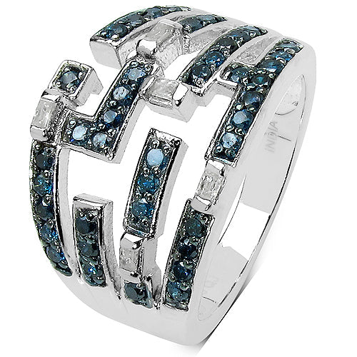 Anillo de plata de ley .925 con diamantes azules y blancos auténticos de 0.59 quilates