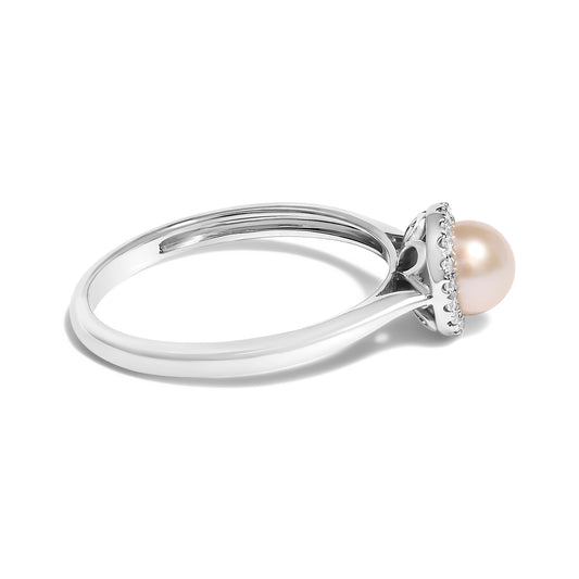 Anillo de oro blanco de 10K con perla cultivada de agua dulce de 5MM y halo de diamantes (color I-J, claridad I1-I2) - Talla de anillo 6.5