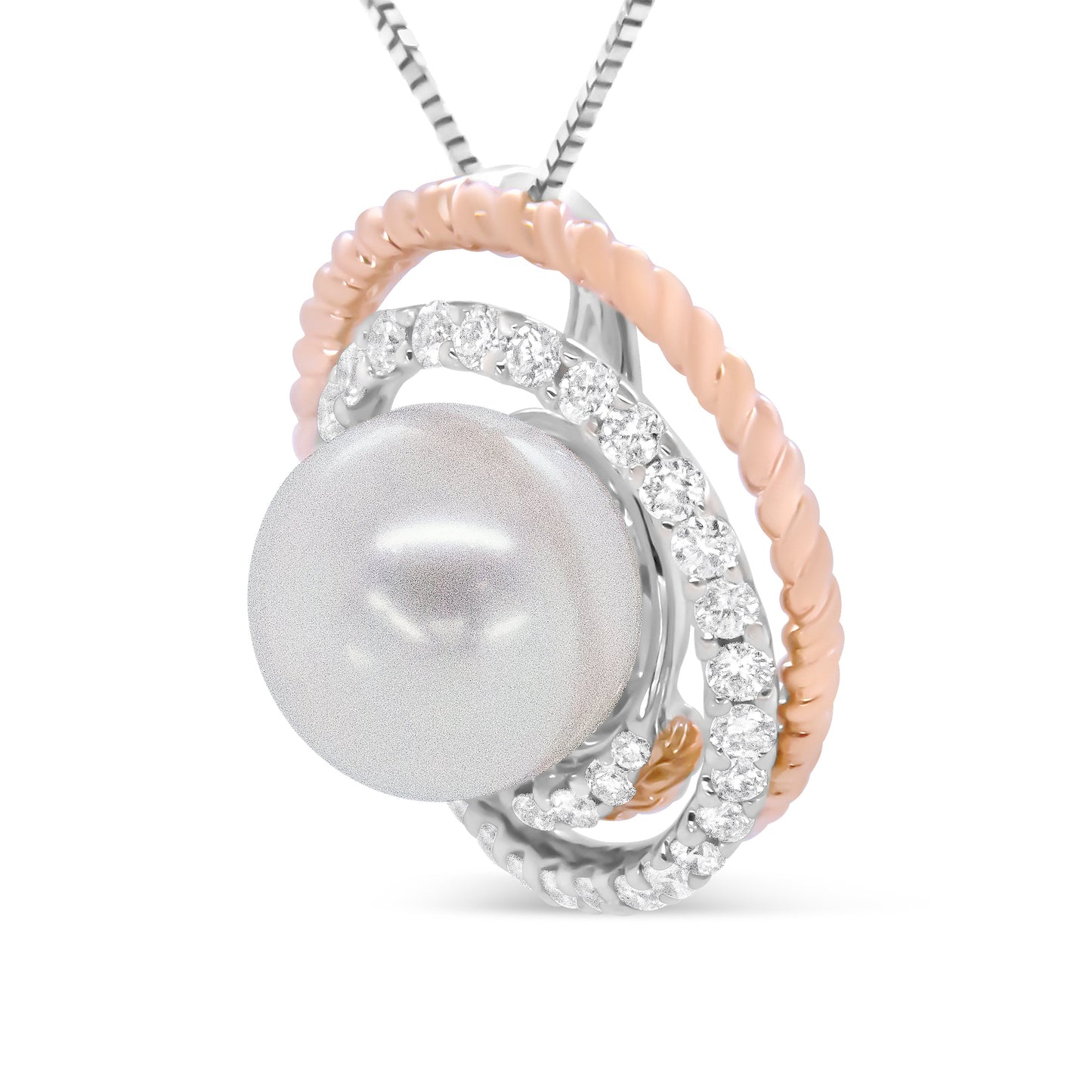 Collar con colgante en oro rosa y blanco de 14K con diamantes pavé de 3/8 Cttw y perla redonda de 9mm con espiral calada de 18" - (Color H-I, Claridad VS1-VS2)