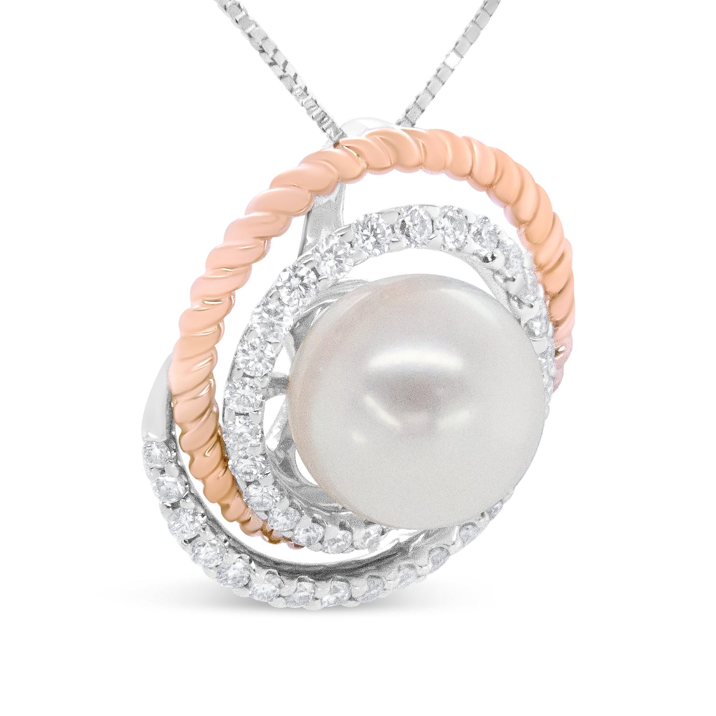Collar con colgante en oro rosa y blanco de 14K con diamantes pavé de 3/8 Cttw y perla redonda de 9mm con espiral calada de 18" - (Color H-I, Claridad VS1-VS2)
