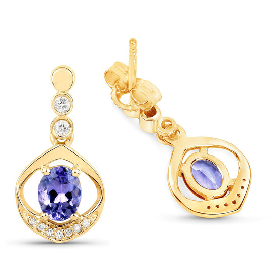 Pendientes de oro amarillo de 14 quilates con tanzanita genuina de 0,76 quilates y diamantes blancos