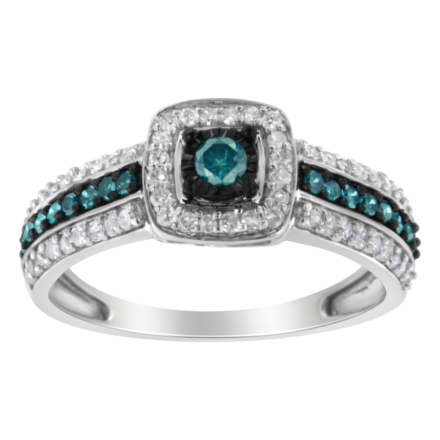 Anillo de compromiso de plata de ley .925 con diamantes azules tratados en engaste illusion (1/2 quilate total, color J-K, claridad I1-I2) - Talla 6
