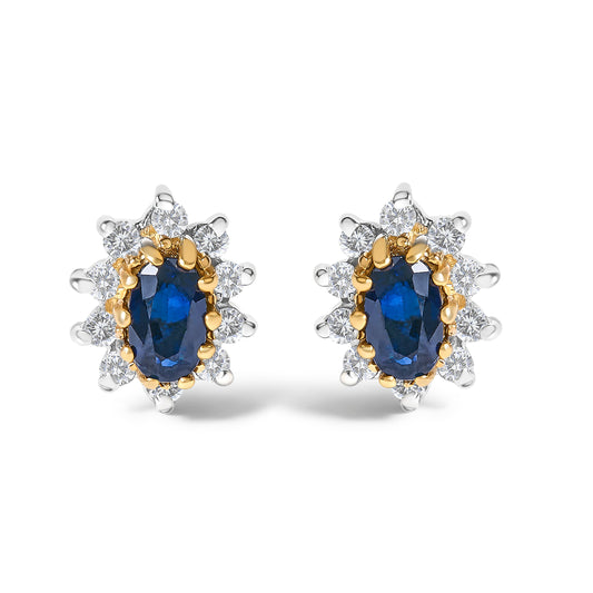 Pendientes de tuerca tipo "Halo" en forma de estallido solar de oro amarillo de 14K con diamantes de 1/4 Cttw y zafiros azules (color K-L, claridad I1-I2)