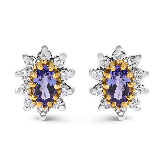 Pendientes de oro amarillo de 14 quilates con halo de diseño de rayos de sol, diamantes de 1/4 Cttw y tanzanitas azul púrpura (color K-L, claridad I1-I2)