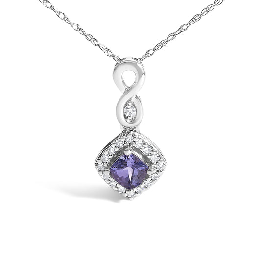 Collar con colgante de gota con cojín de tanzanita azul púrpura y acento de diamante en oro blanco de 10K - 18" pulgadas