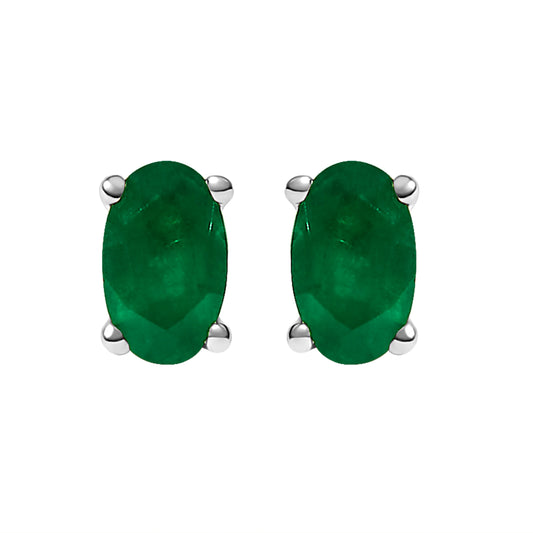 Pendientes de botón solitario de esmeralda verde ovalada de 5x3 MM de oro blanco de 14 quilates