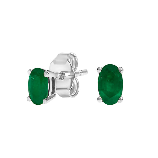 Pendientes de botón solitario de esmeralda verde ovalada de 5x3 MM de oro blanco de 14 quilates