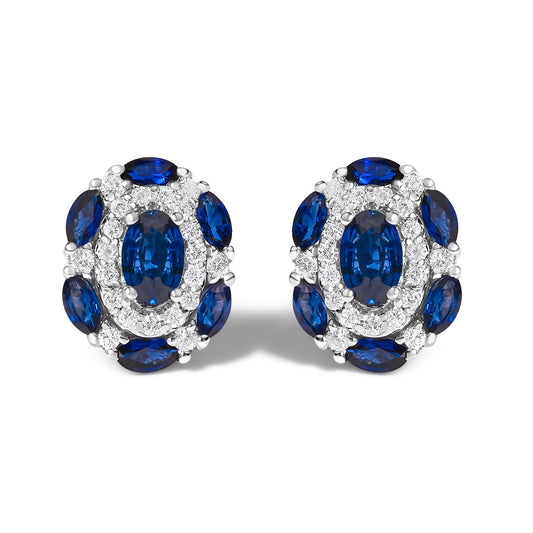 Pendientes de estilo vintage de oro blanco de 14K con zafiro azul y diamantes (color G-H, claridad SI2-I1)