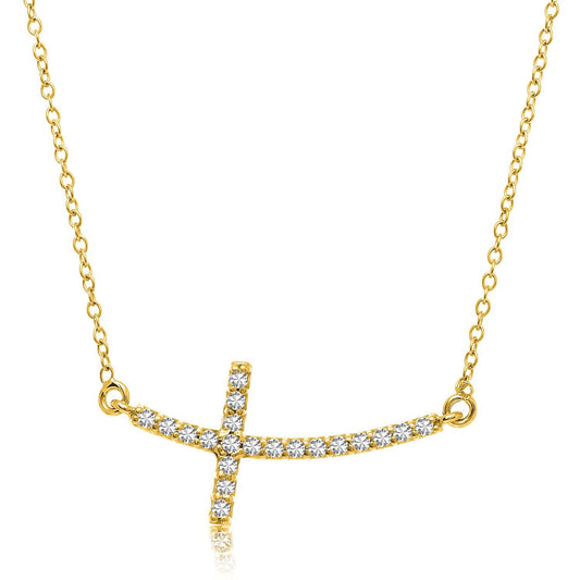 Collar de oro amarillo de 14k con crucifijo curvo y detalles de diamantes (0,21 ct en total)