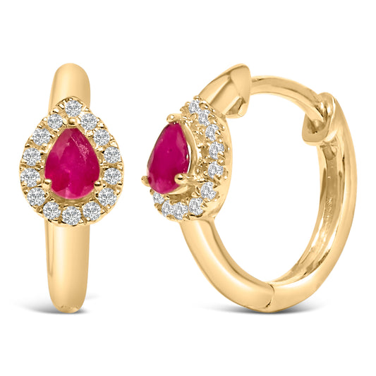Pendientes de aro de oro amarillo de 10 quilates con rubí rojo talla pera de 4x3 mm y diamantes redondos de 1/10 quilates (color I-J, claridad I1-I2)