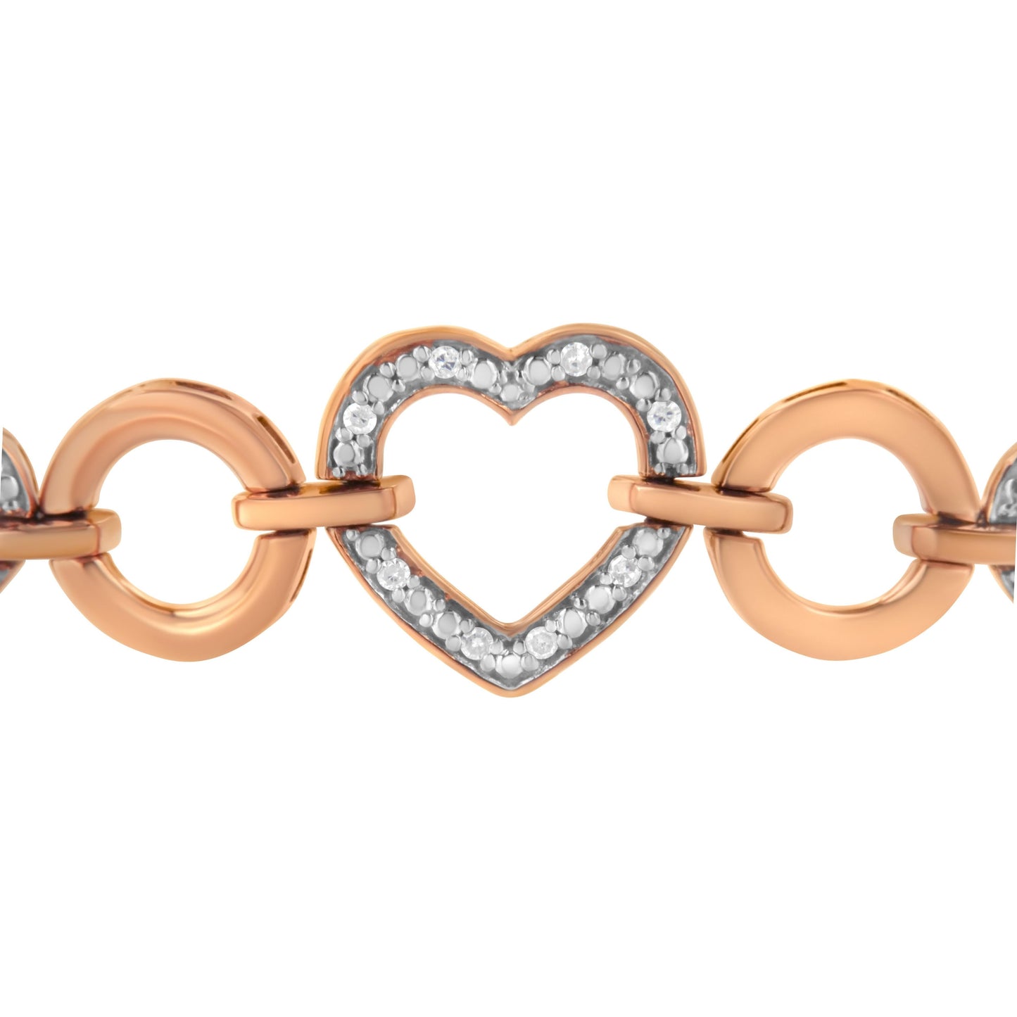 Pulsera ajustable tipo bolo de 15 a 25 cm con eslabones de círculo y corazón con acentos de diamante en plata de ley .925 bañada en oro rosa de 14 quilates