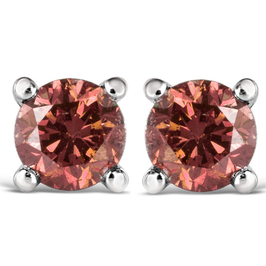 Pendientes de botón clásicos solitarios de oro blanco de 10K con diamante rosa de 1/2 quilate de talla brillante redonda creado en laboratorio y engaste de 4 puntas (color rosa intenso, claridad VVS2-VS1)