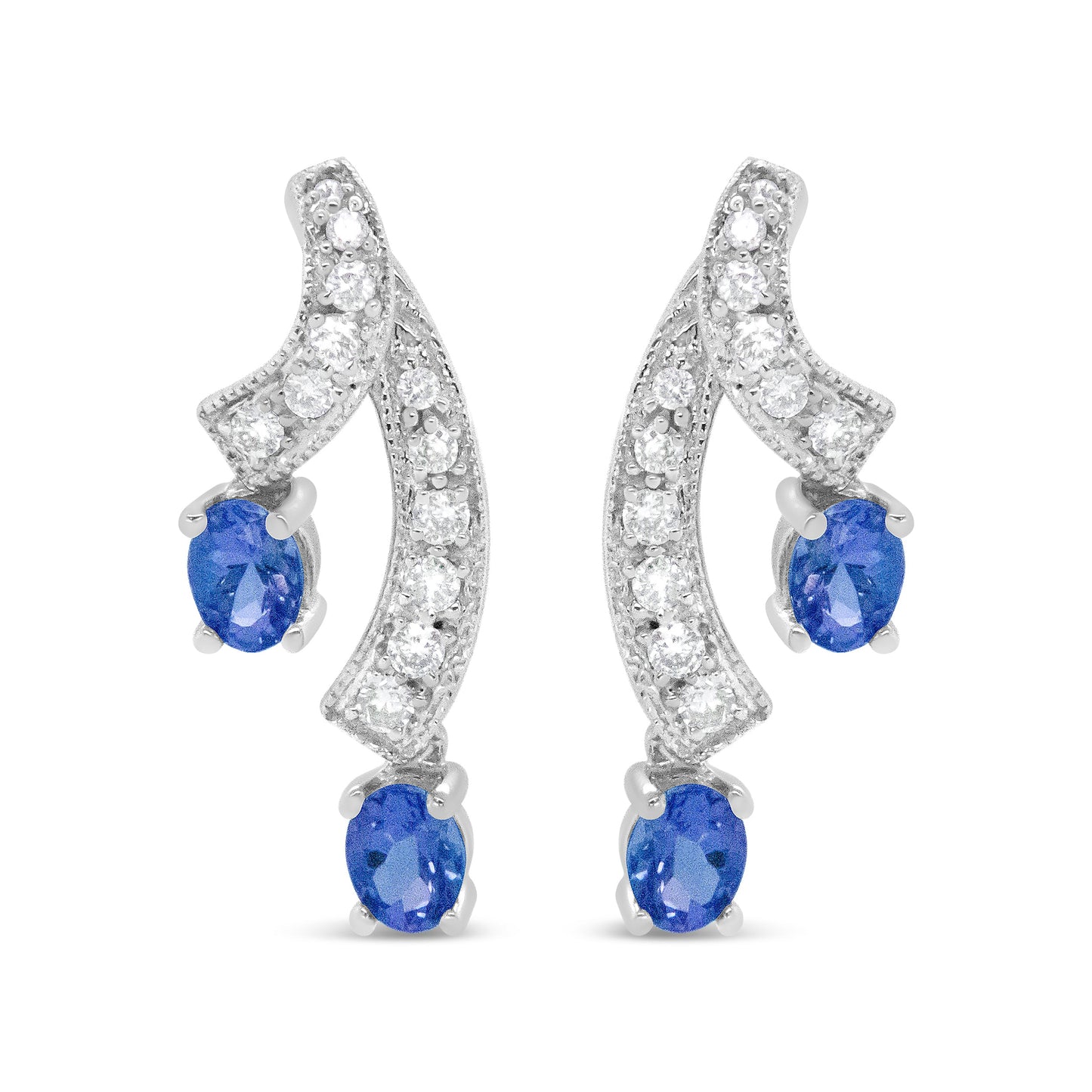 Pendientes de gota de oro blanco de 14 quilates con tanzanita azul natural ovalada de 4x3MM y diamantes de 1/5 Cttw con doble caída de 3/4" (Color H-I, Claridad VS1-VS2)