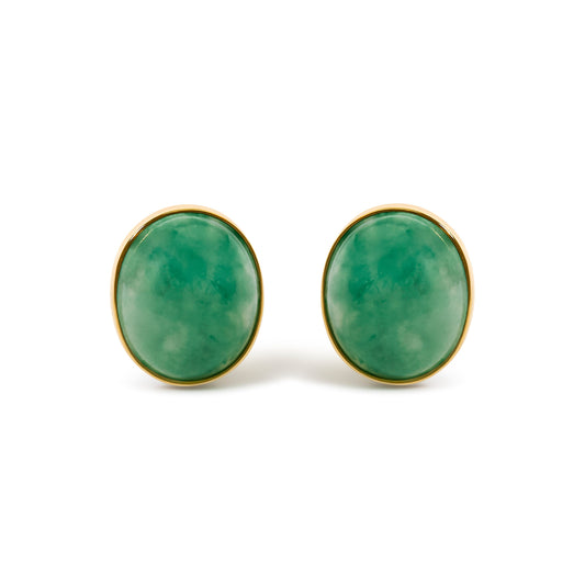 18K Yellow Gold 12x10 MM Bezel Set Oval Green Aventurine Stud Earrings