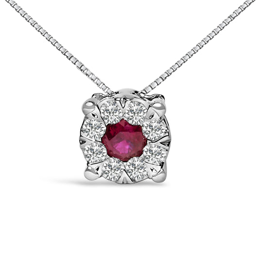 Collar con colgante de halo de oro blanco de 14 quilates con rubí rojo y diamantes de 1/3 Cttw