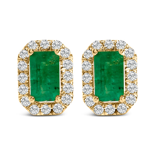 Pendientes de oro amarillo de 14 quilates con esmeralda verde y halo de diamantes de 1/8 Cttw en forma octogonal (Color I-J, Claridad I1-I2)