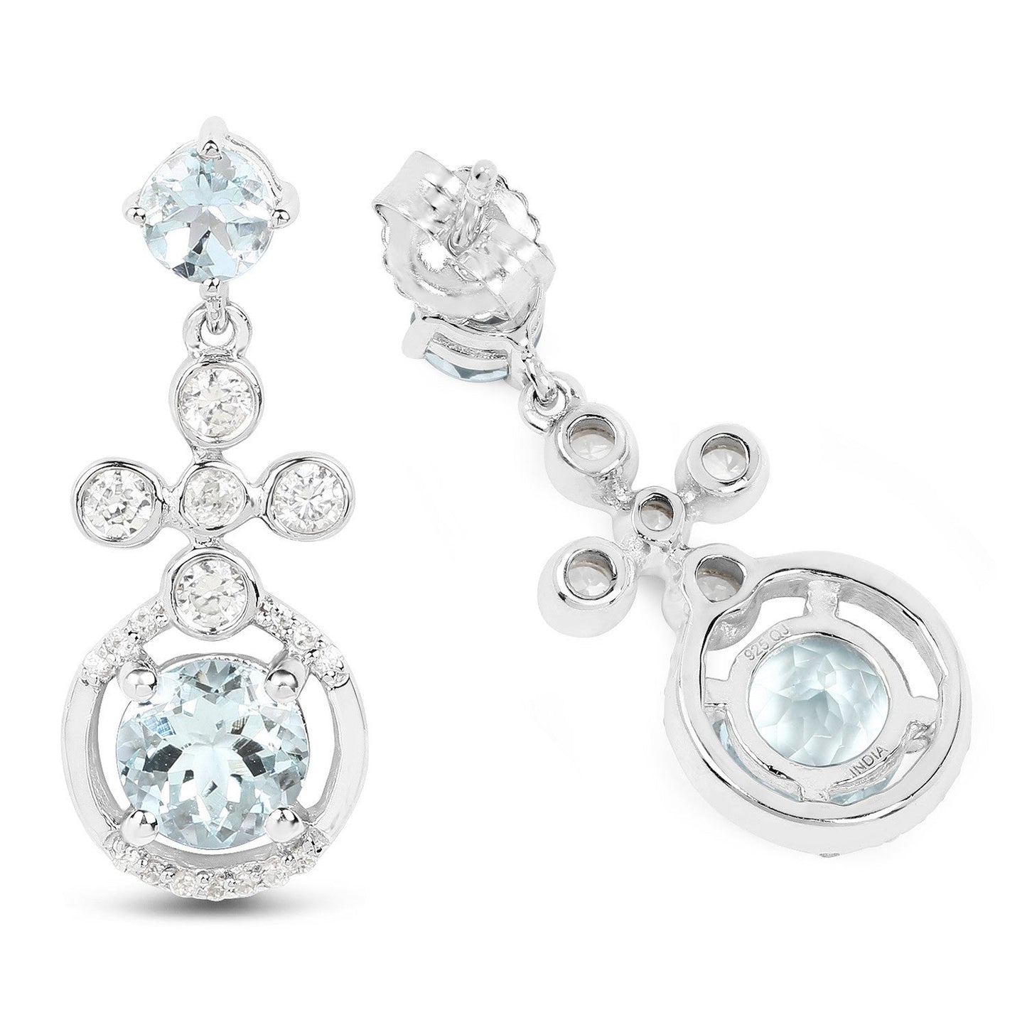 Pendientes de Plata de Ley .925 con Aguamarina Genuina de 4.42 Quilates y Zircón Blanco