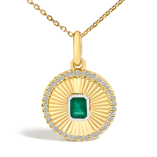 10K Yellow Gold 4x3 MM Emerald and 1/10 Cttw Diamond Circle Fluted Medallion Pendant Necklace