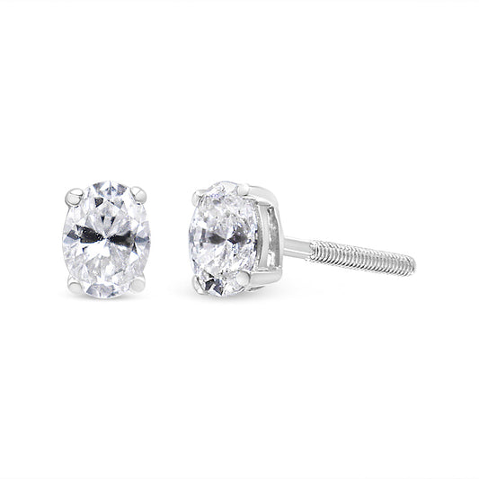 Pendientes de botón solitario ovalados de 1,00 Cttw de diamante cultivado en laboratorio de oro blanco de 14K (color F-G, claridad VS2-SI1)
