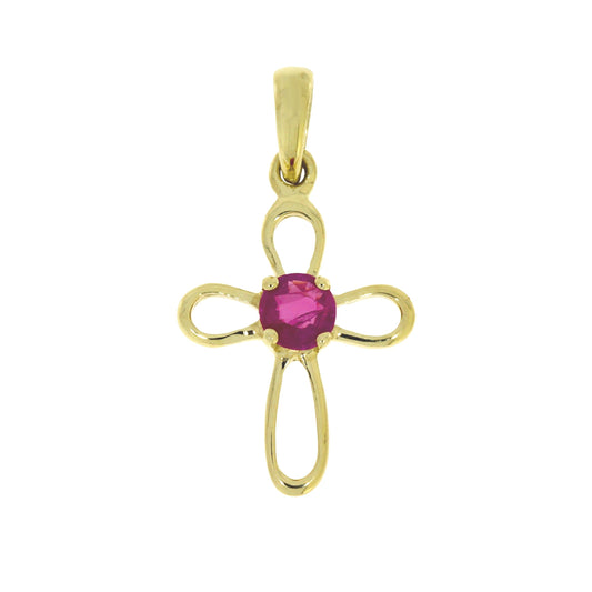 Colgante religioso de cruz con rubí de 0.18 ct en oro amarillo de 10 kt