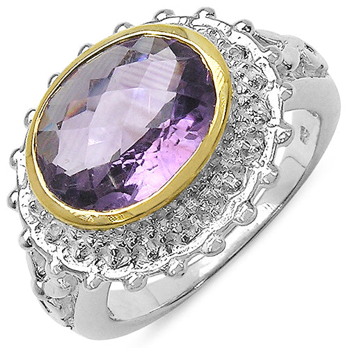 Anillo de plata de ley .925 con amatista genuina de 4,36 quilates y topacio blanco, bañado en dos tonos
