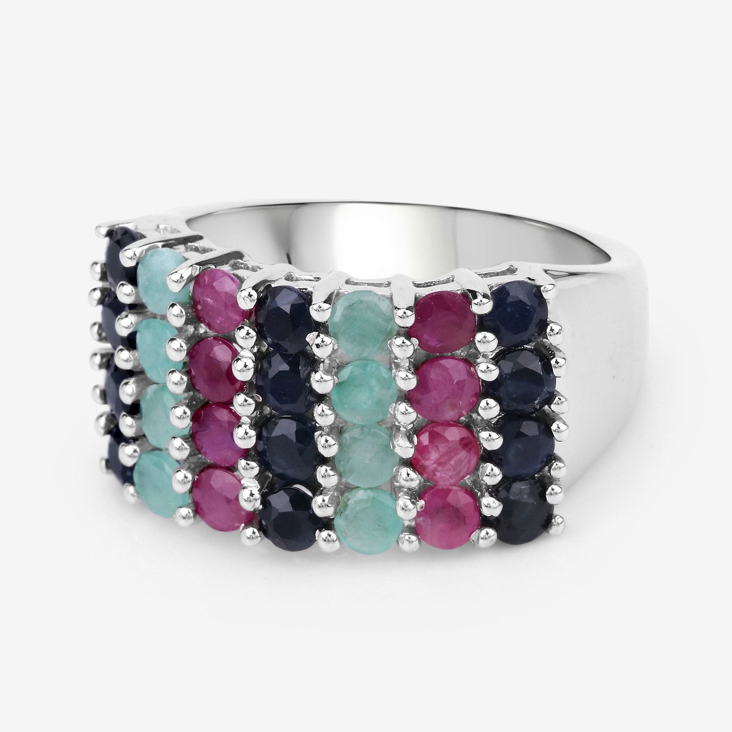 Anillo de Plata Fina .925 con Esmeralda, Rubí y Zafiro Negro Genuinos de 3.40 Quilates