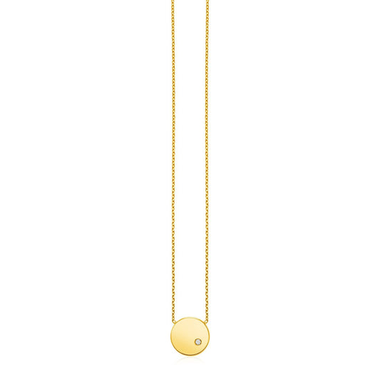 Collar de oro amarillo de 14k con colgante redondo pulido con diamante