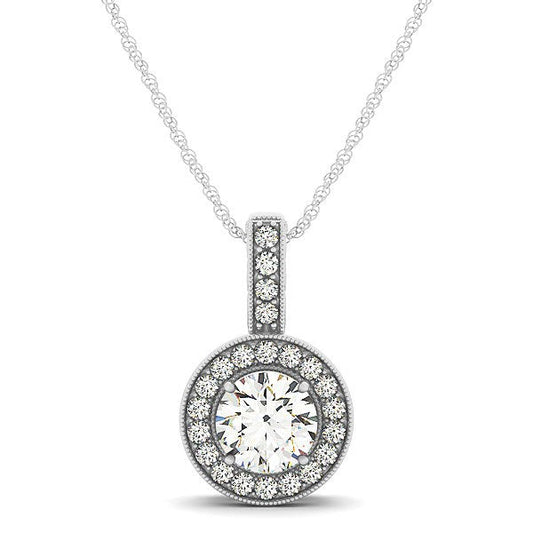 Colgante de halo de diamante con borde milgrain en oro blanco de 14k (5/8 quilates en total)