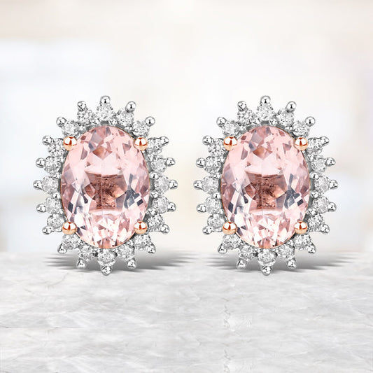 Pendientes de oro rosa de 14 quilates con morganita auténtica de 1,61 quilates y diamantes blancos