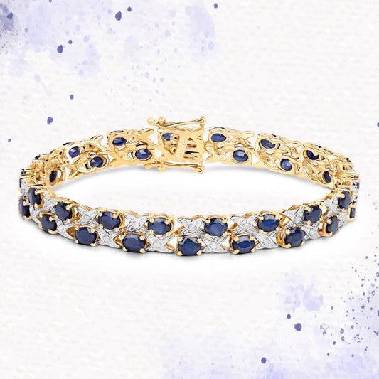 Pulsera de plata de ley .925 con baño de oro amarillo de 14 quilates, zafiro azul auténtico de 12.53 quilates y diamante blanco