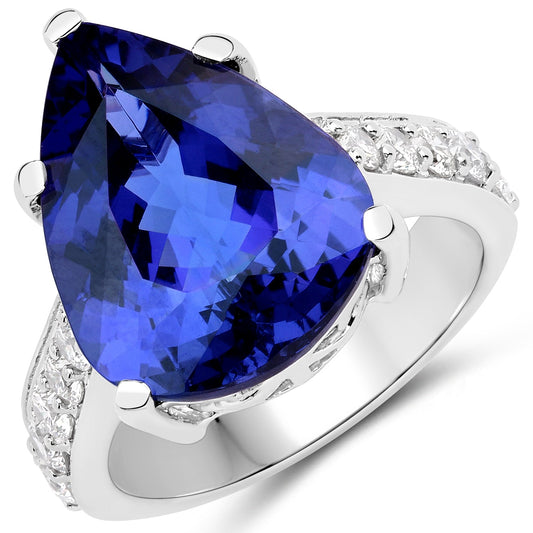 Anillo de oro blanco de 18 quilates con tanzanita genuina de 11,40 quilates y diamantes blancos